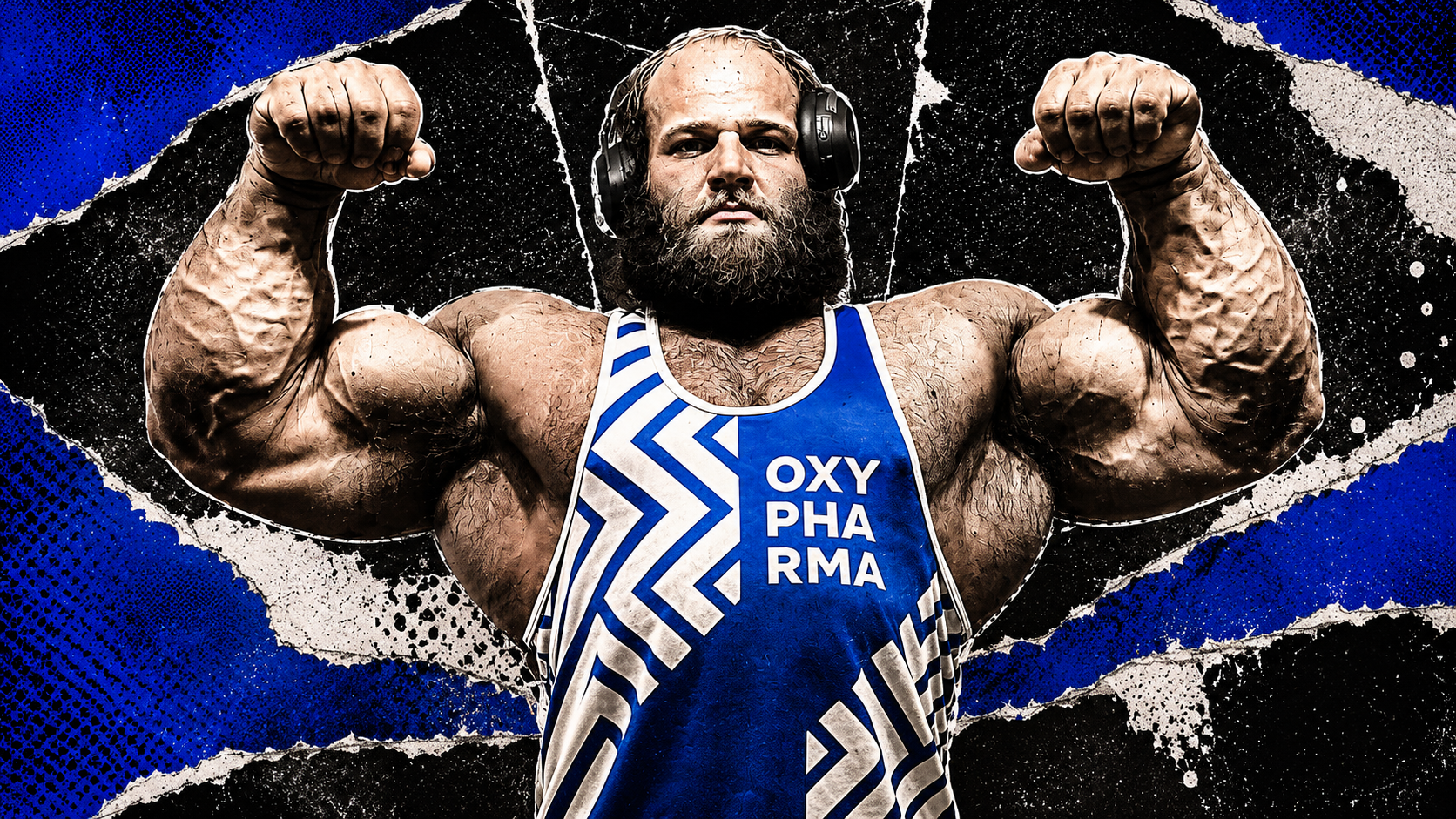 Andrey Smaev flexes both arms in a high-contrast blue, black, and white punk collage-style image.