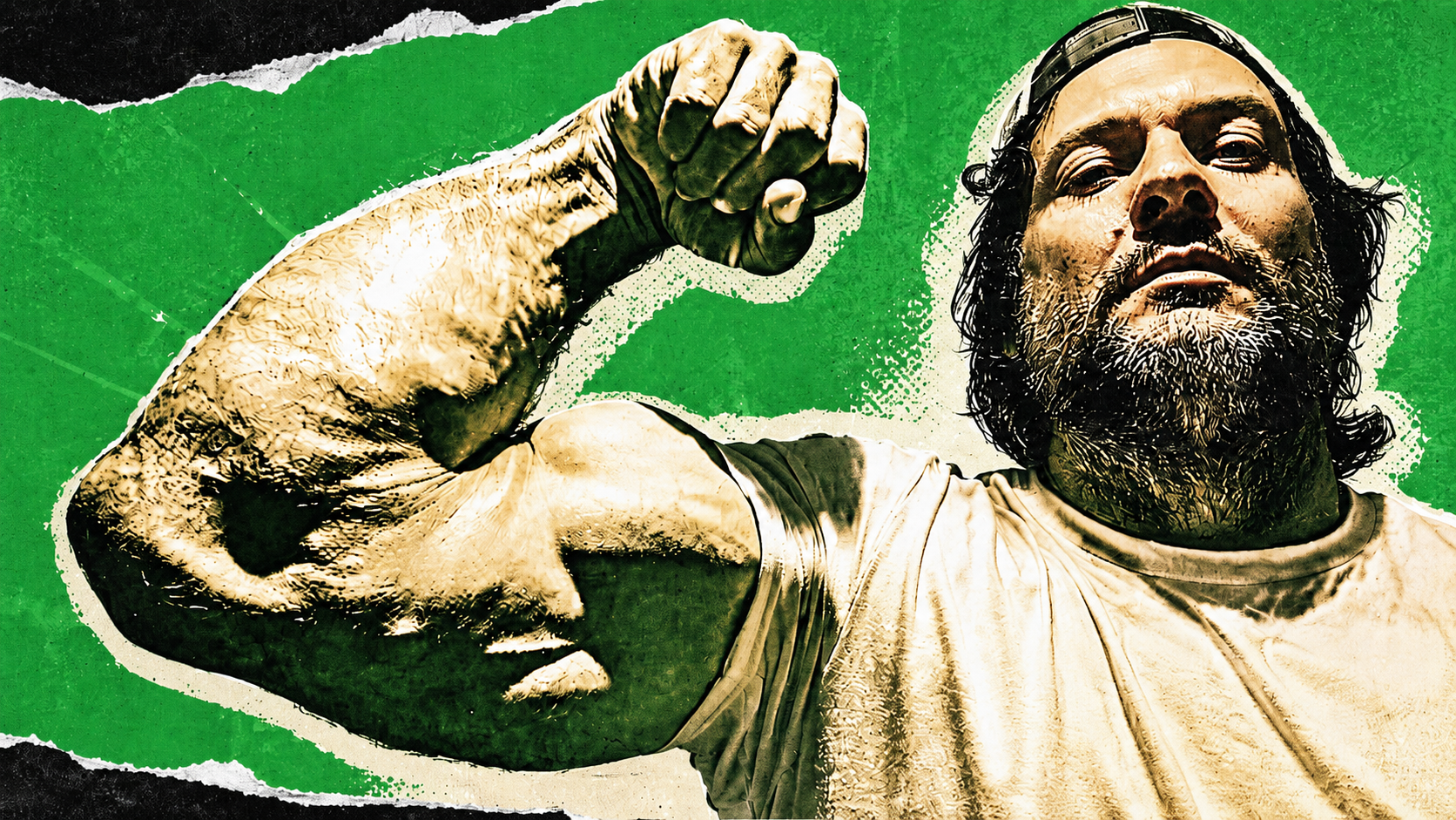 Devon Larratt flexes his arm in a gritty green punk collage style image with high contrast and xerox texture.