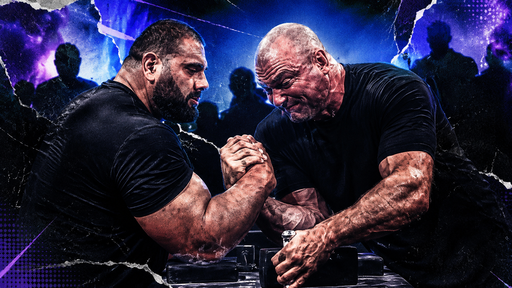 Devon Larratt and Levan Saginashvili arm wrestle at the table during an intense super heavyweight match.