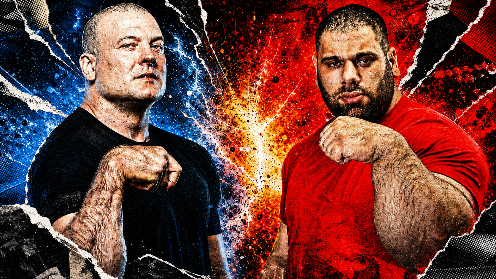 Devon Larratt and Levan Saginashvili pose in a dramatic red and blue arm wrestling matchup collage with sparks and an explosive background.