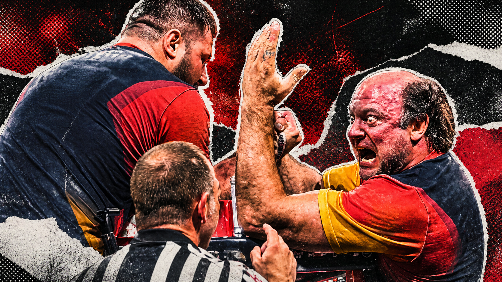 Devon Larratt and Vitaly Laletin compete in an intense super heavyweight arm wrestling match at EVW 23 while a referee watches closely.