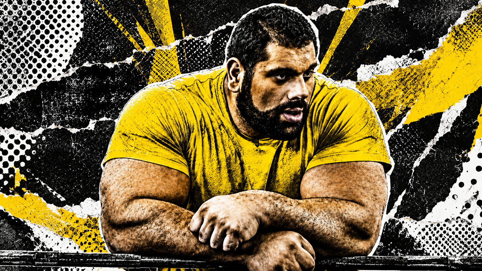 Levan Saginashvili leans forward in a yellow shirt against a high-contrast black, white, and yellow collage background.