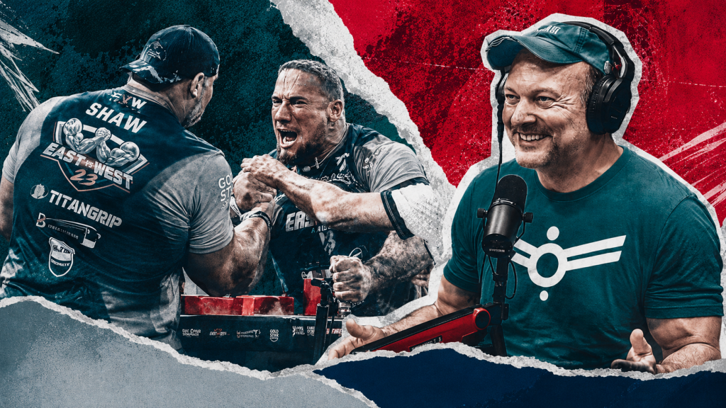 Editorial collage showing an intense arm wrestling match beside a podcast guest speaking into a microphone, with bold red and teal textured graphics.