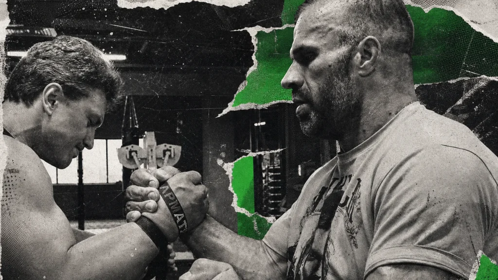 Artur Makarov and Denis Cyplenkov pull right-handed in a strap during gym practice in a distressed green, black, and off-white collage.