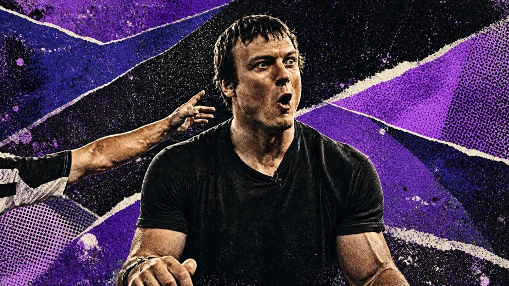 Devon Larratt reacts after an inside pull in a close view surrounded by violet and cyan editorial shapes.
