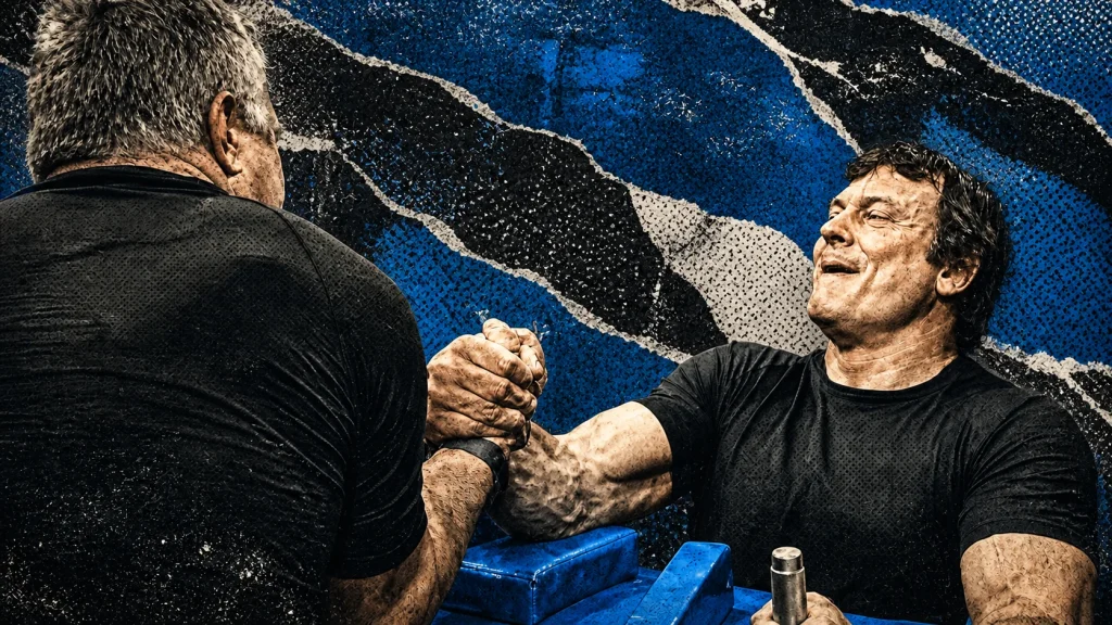 Devon Larratt and John Brzenk connect at the table under deep blue editorial accents.