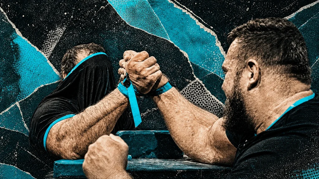 Devon Larratt holds a low strap position while his opponent owns center, framed by cyan graphic accents.