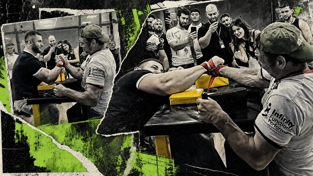 Irakli grips Devon Larratt in a red strap as a second panel shows Irakli driving the afterpull toward Devon's pad in an acid-green distressed collage.