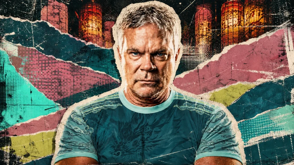 John Brzenk faces forward in a deep-teal and pale-aqua jersey against torn dusty-rose, teal, mint, and lime paper with Chinese lanterns.