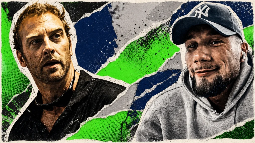 Matt Mask and Leonidas Arkona face each other in a distressed chartreuse, navy, off-white, green, and gray paper collage.