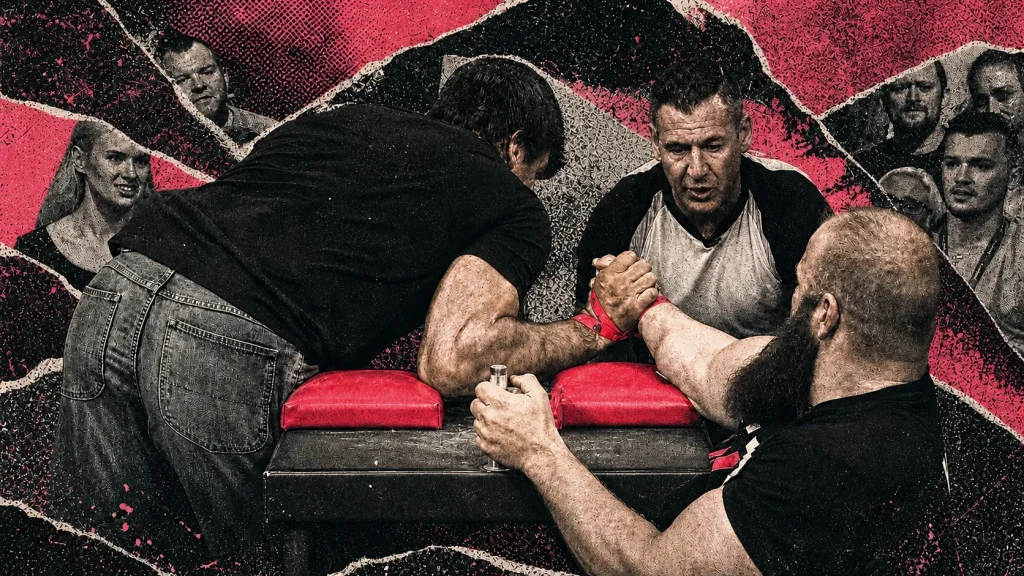 Devon Larratt and Michael Todd strain in an open-arm exchange framed by hot red graphic blocks.