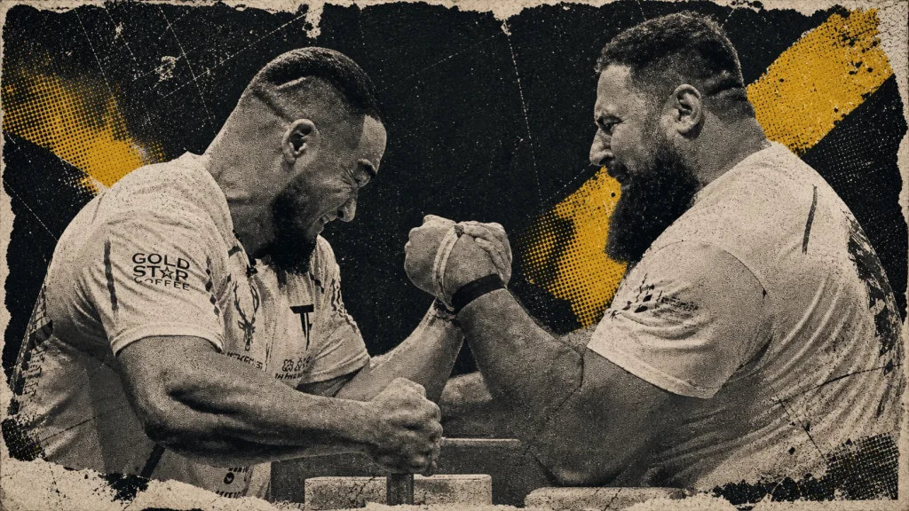Alizhan Muratov on the left and Vitaly Laletin on the right compete with their strapped left hands in a distressed black, off-white, and warning-yellow collage.