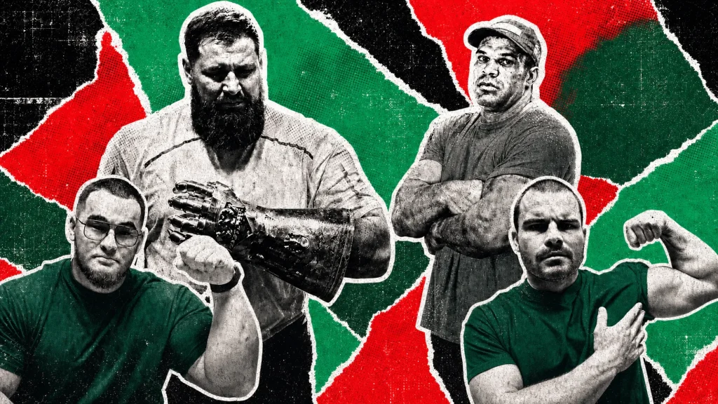 Denis Cyplenkov, Vitaly Laletin, Alizhan Muratov, and Travis Bagent appear in a distressed bright-red, bright-green, white, and black collage.