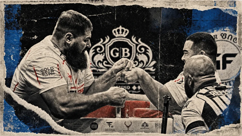 Vitaly Laletin and Alizhan Muratov grip left hands at an East vs West table in a distressed black, off-white, blue, and red collage.