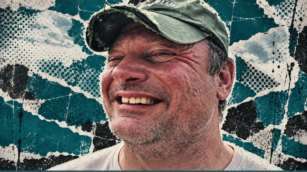 Devon Larratt smiles at the center of a distressed deep-teal, black, and off-white rooftop editorial collage.