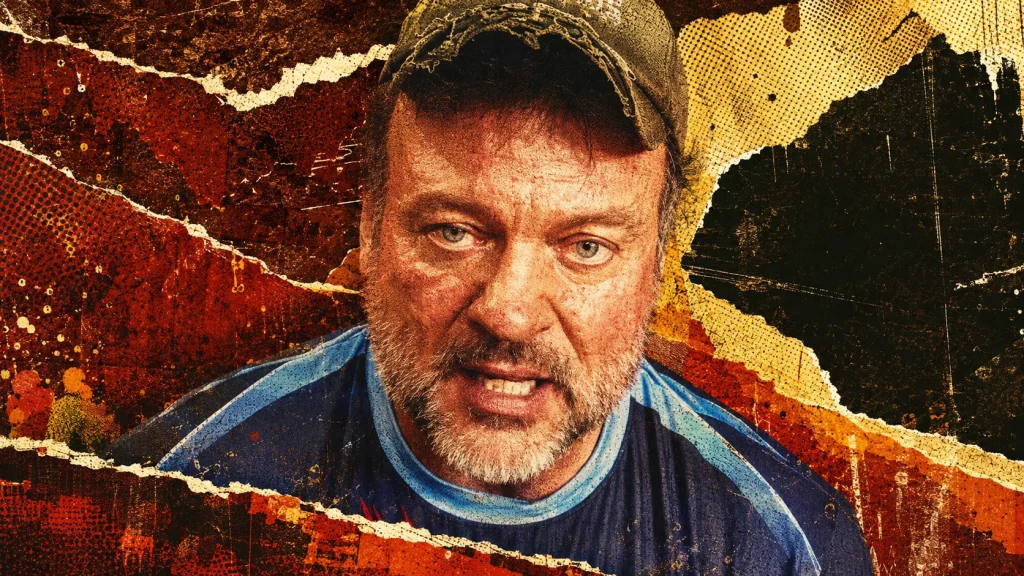 Devon Larratt faces the camera in a distressed red, orange, gold, cream, brown, and black editorial collage derived from his China training-update video.