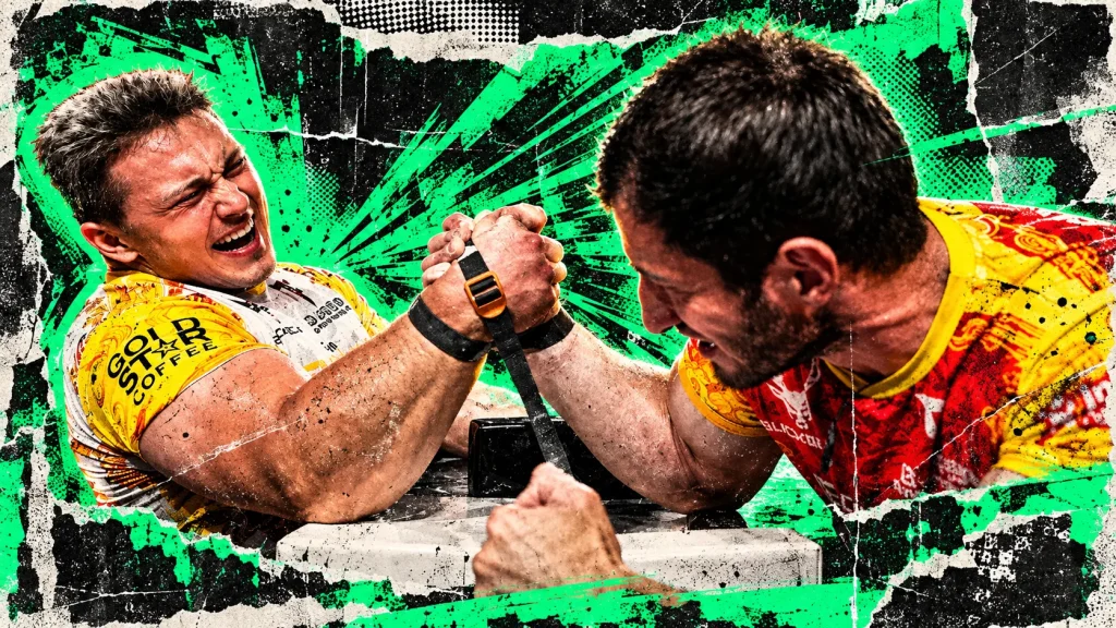 Oleg Cherkasov and Artur Makarov strain in a right-hand strap match inside a neon-green distressed collage.