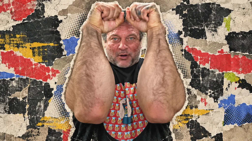 Devon Larratt holds both forearms upright with his fists above his head in a full-color distressed paper collage.