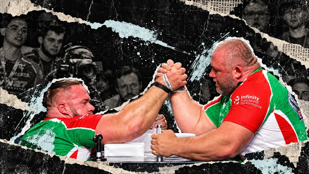 Georgi Tsvetkov and Alex Kurdecha arm wrestling in red, green, and white jerseys hold a strapped grip at the table, framed by distressed paper and silver accents.