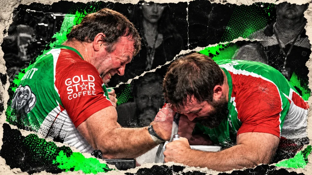 Devon Larratt on the left and Ibragim Sagov on the right pulling in a strap, framed by torn paper and neon green accents.