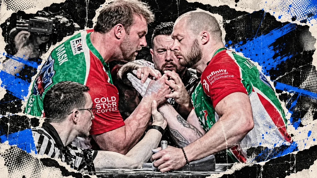 Matt Mask and Serhii Kalinichenko set their grip with referees at an arm wrestling table in a blue, black, and off-white collage.