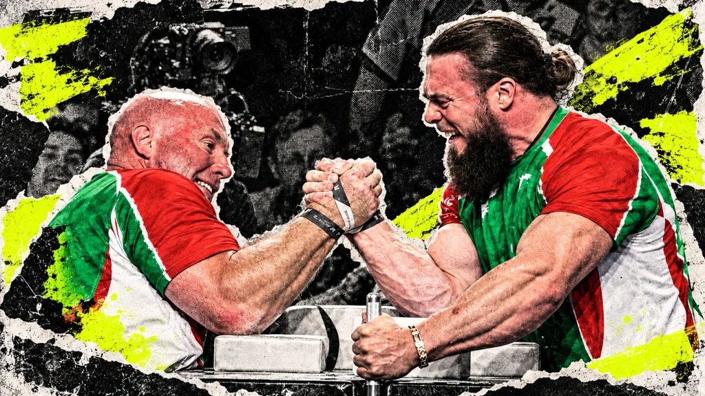 Todd Hutchings and Oleksandr Telyatnik arm wrestling in a strap, treated as a distressed collage with neon yellow accents.