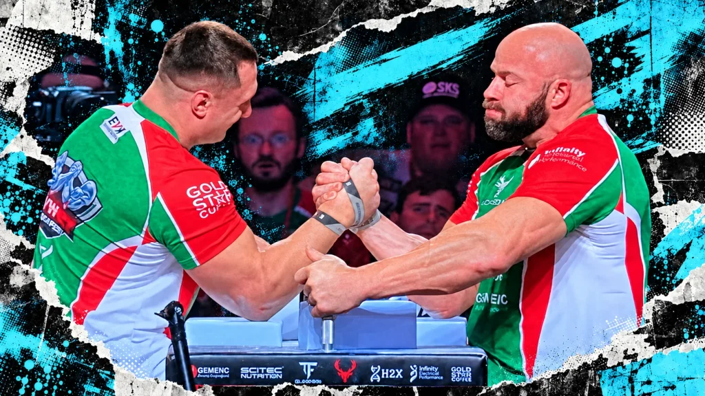 Dave Chaffee and Oleg Petrenko pull at the table in red, green, and white jerseys, framed by distressed black paper and neon arctic ice-blue accents.