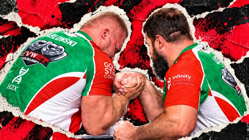 Kamil Jablonski and Vitaly Laletin grip at an arm wrestling table in their original green, red, and white shirts, framed by red and black torn-paper graphics.